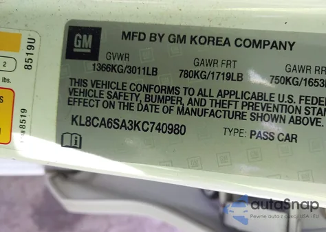 2019 Chevrolet Spark Ls Manual z USA, uszkodzony, nr VIN KL8CA6SA3KC740980